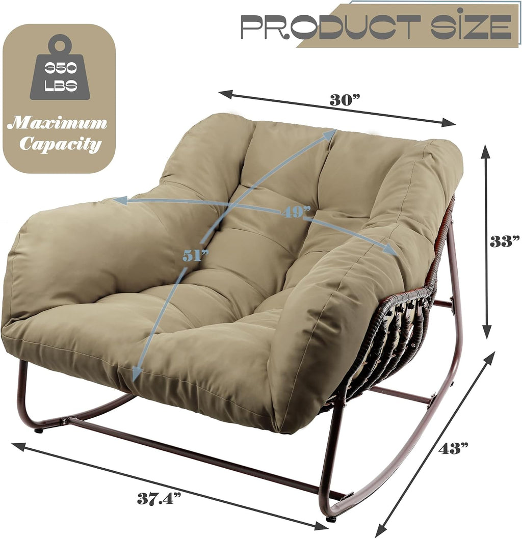 Outdoor Papasan Rocking Chair, Oversized Patio Rocking Chairs with Padded Cushion& Pillow-Comfortable Rocker Egg Chair for Front Porch, Garden, Patio, Backyard,1PC,Khaki