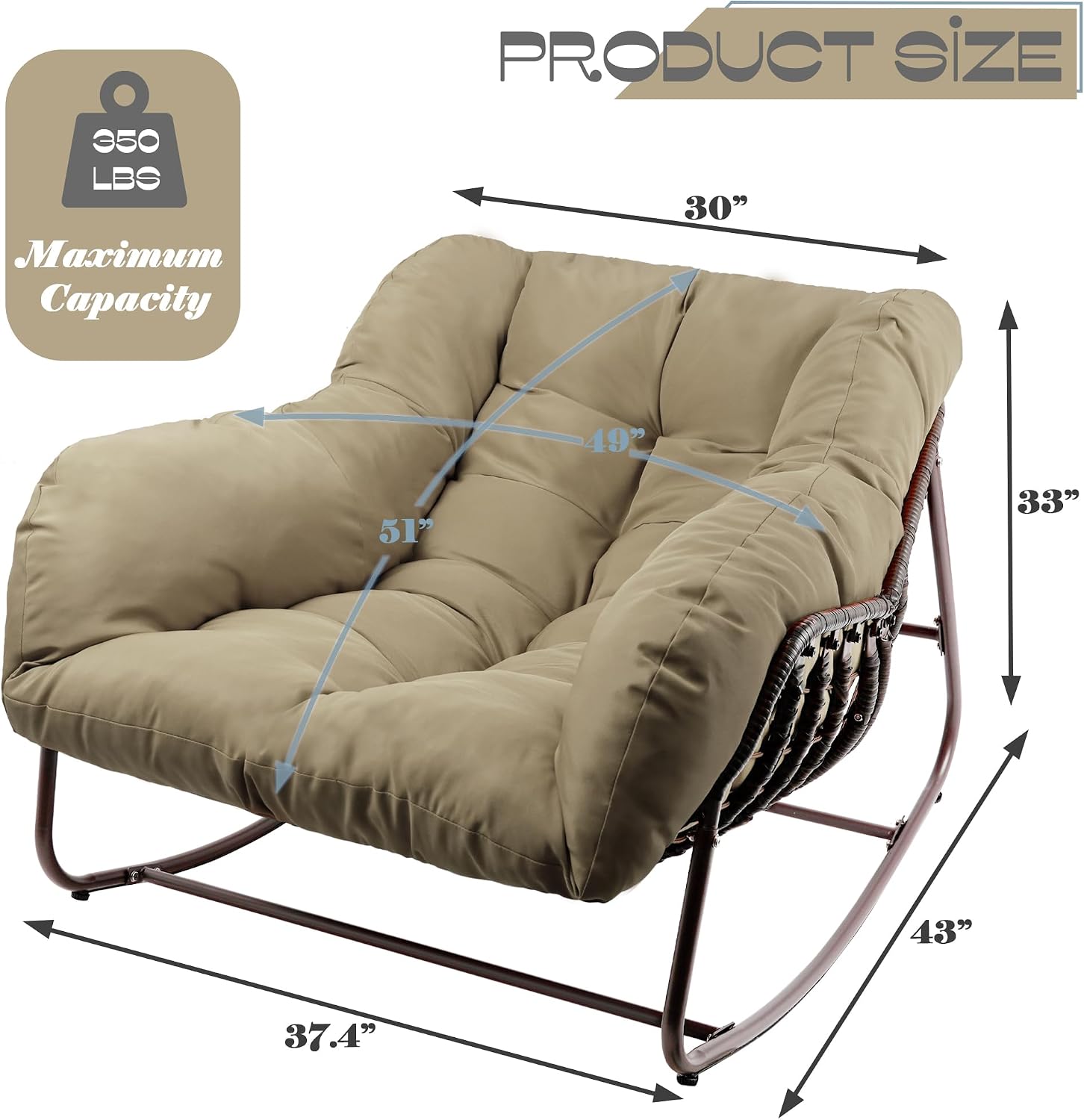 Outdoor Papasan Rocking Chair, Oversized Patio Rocking Chairs with Padded Cushion& Pillow-Comfortable Rocker Egg Chair for Front Porch, Garden, Patio, Backyard,1PC,Khaki