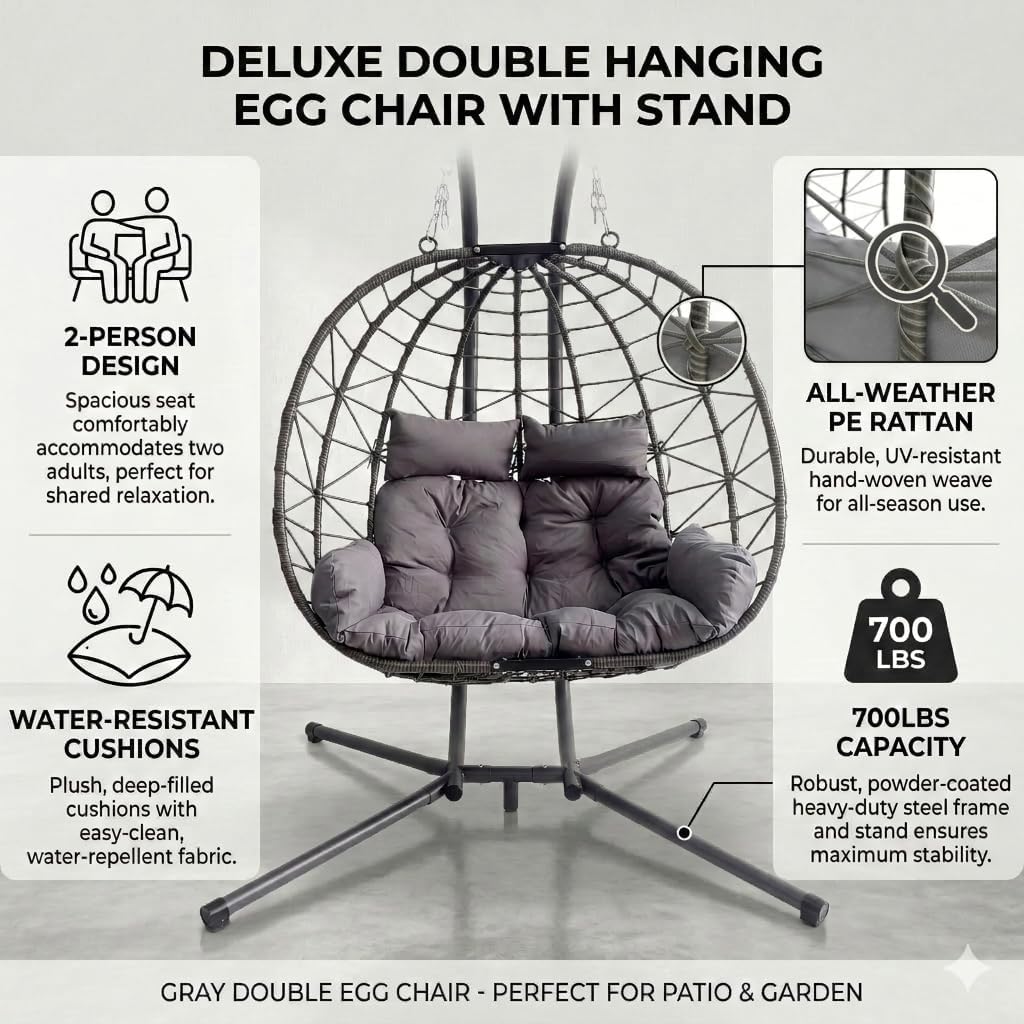 JOYBASE Double Swing Egg Chair with Stand, 2-Person Hanging Egg Chair Wicker Rattan Oversized Swinging Chair for Outdoor Indoor Garden Patio (Light Grey)