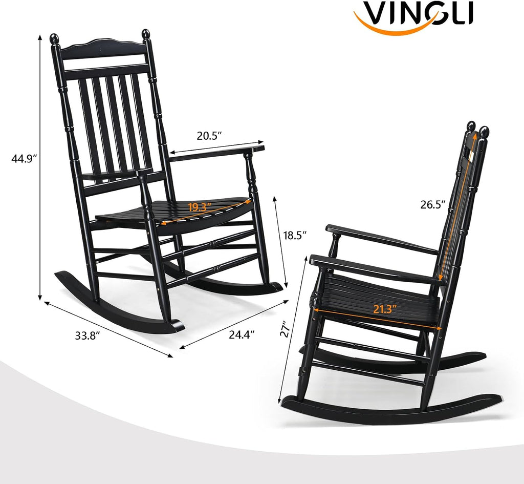 VINGLI Wooden Rocking Chair Outdoor Set of 2, Patio Rockers with High Back, Support 450 LBS Rocking Chairs, for Porch, Patio, Balcony, Garden, Yard (Black, 2 PCS)