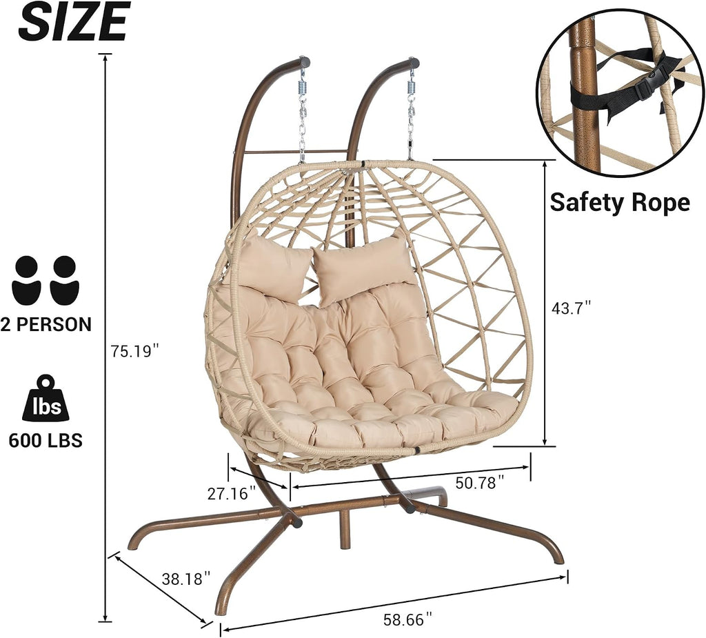 JOYBASE Double Swing Egg Chair with Stand, 2-Person Hanging Egg Chair Wicker Rattan Oversized Swinging Chair for Outdoor Indoor Garden Patio (Khaki Cushion and Beige Rattan)