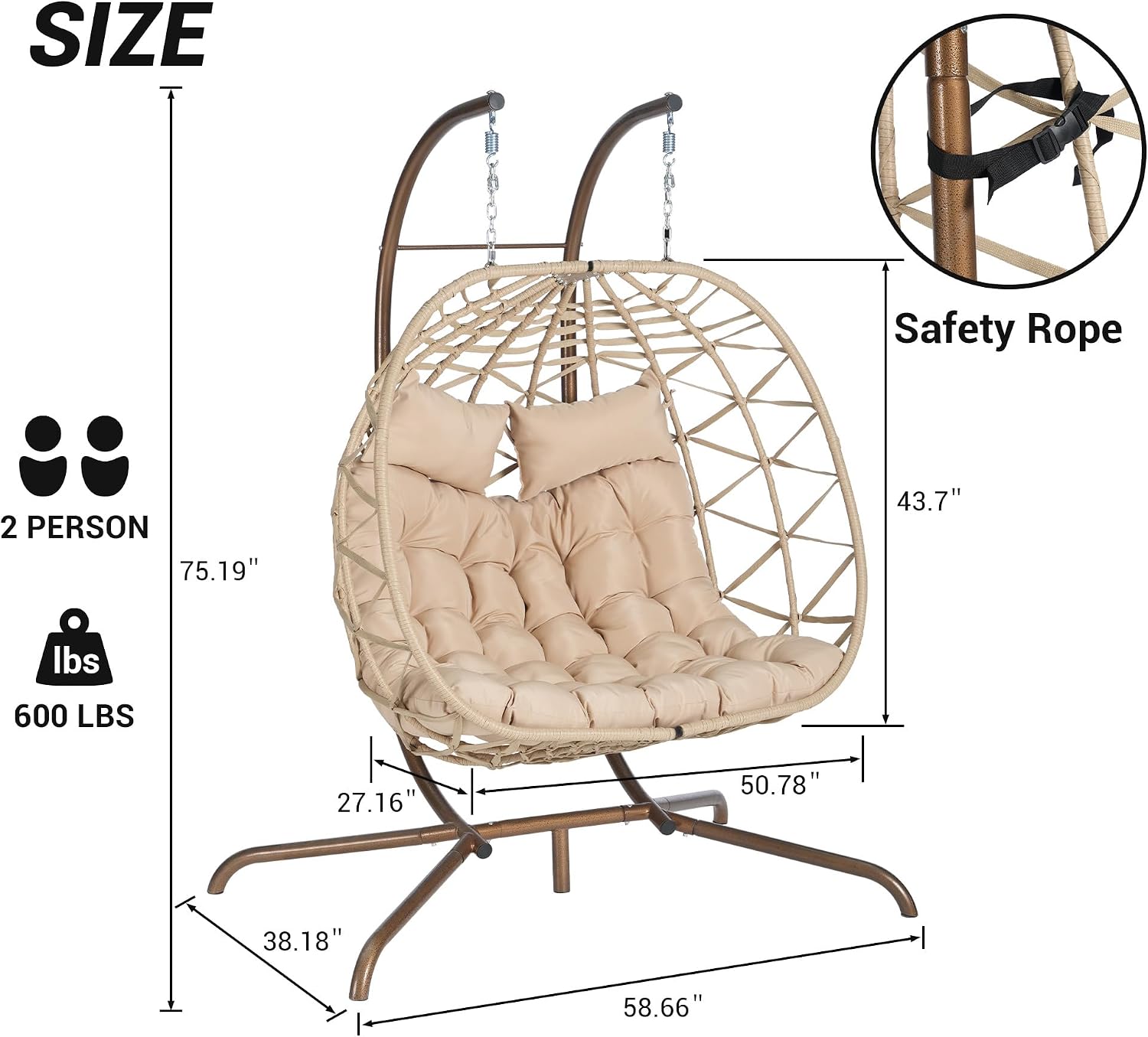 JOYBASE Double Swing Egg Chair with Stand, 2-Person Hanging Egg Chair Wicker Rattan Oversized Swinging Chair for Outdoor Indoor Garden Patio (Khaki Cushion and Beige Rattan)