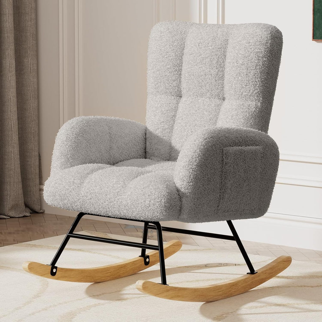 LUCKLIFE Rocking Chair Nursery,Teddy Upholstered Glider Rocker Chair with High Backrest,Reading Chair Modern Rocking Accent Chairs with Side Pockets for Living Room,Bedroom (Grey)