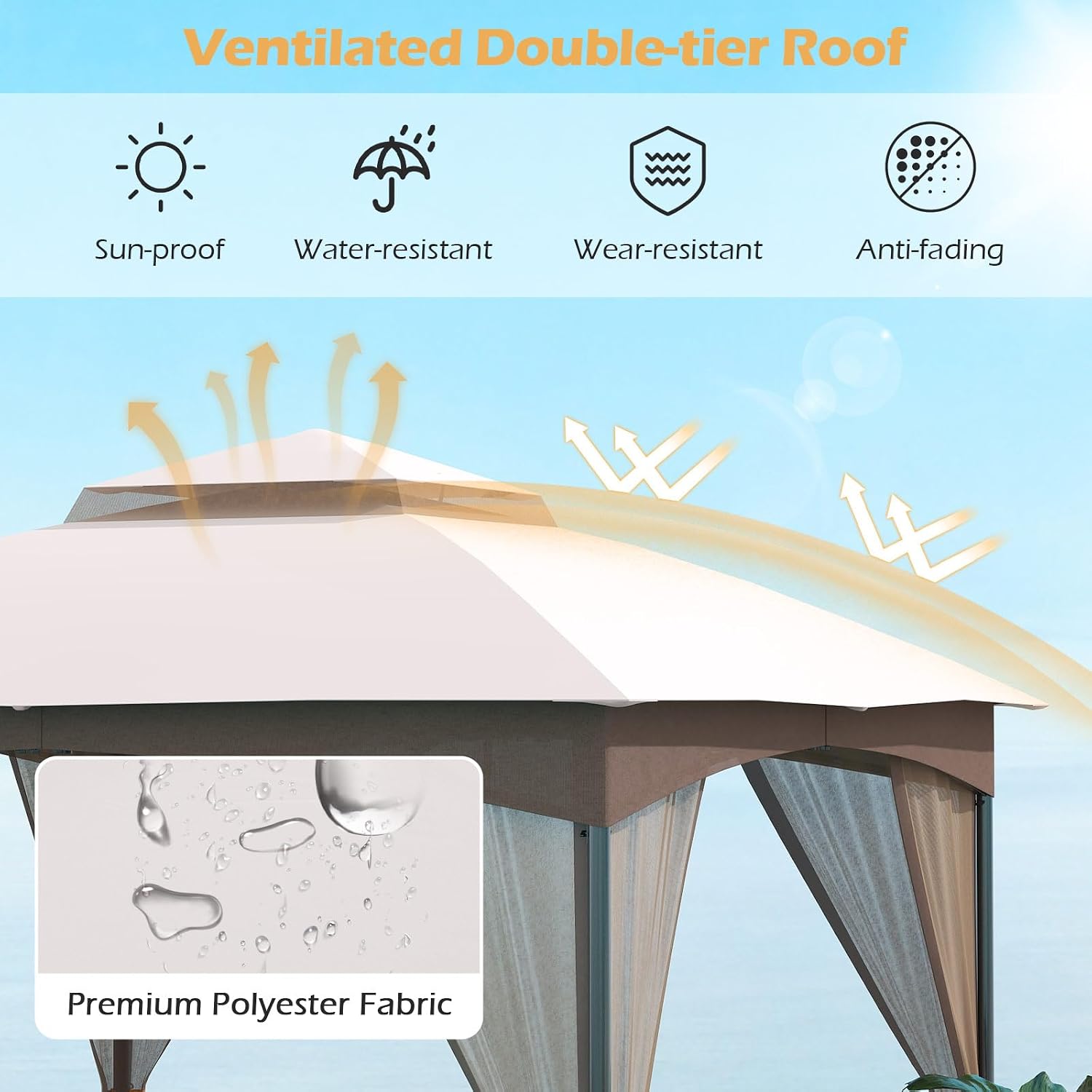 Tangkula 10x10 FT Outdoor Gazebo with Netting, Double Roof Patio Shelter with 4 Sandbags, Zippered Doors, Heavy-Duty Metal Frame, Metal Patio Gazebo for Yard Garden Lawn (Khaki)