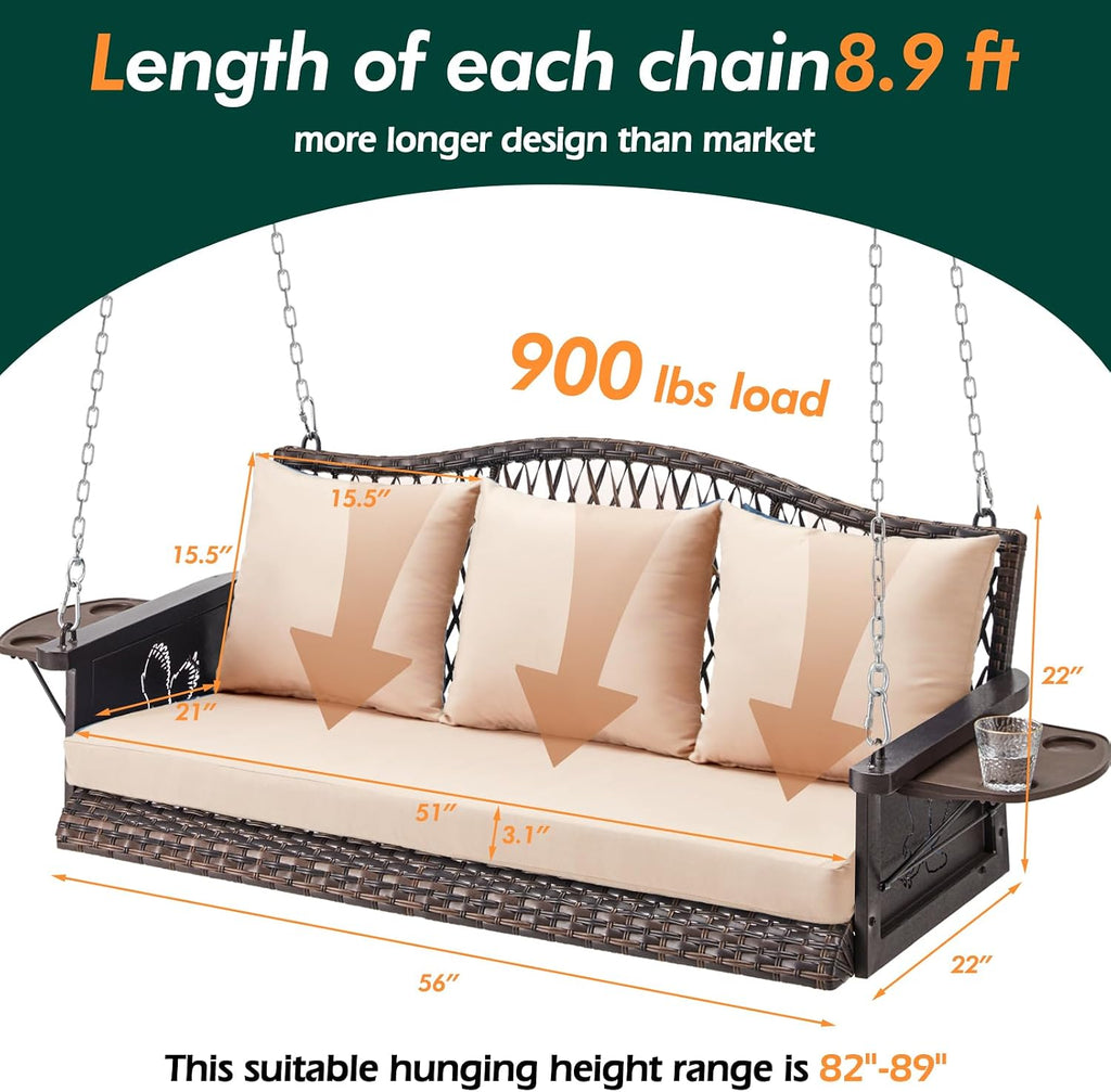 ZZW Upgraded Wicker Hanging Porch Swing Heavy Duty 900lbs 3-Seat Outdoor Patio Swing Chair Bench for Adult w/ 8.9ft Hanging Chains Cushions and Cup Holder