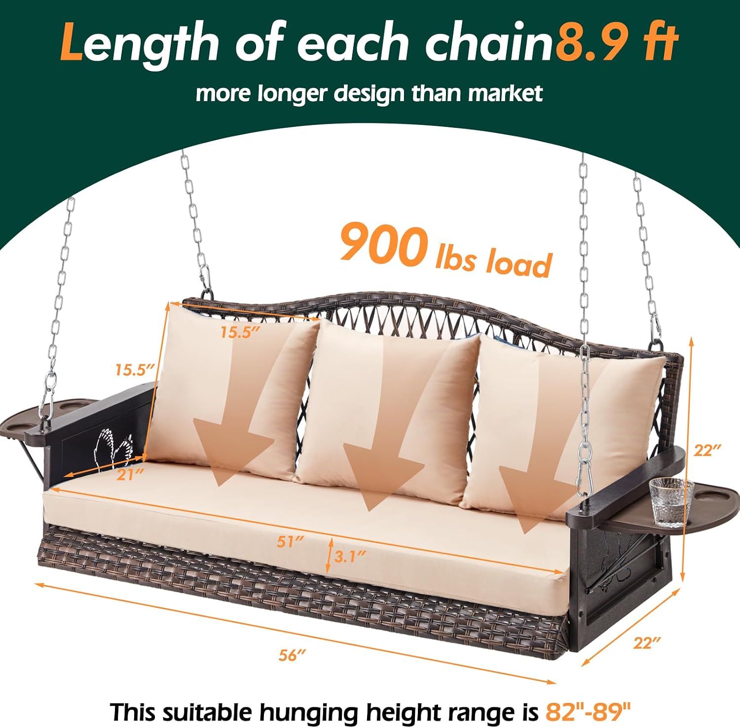 ZZW Upgraded Wicker Hanging Porch Swing Heavy Duty 900lbs 3-Seat Outdoor Patio Swing Chair Bench for Adult w/ 8.9ft Hanging Chains Cushions and Cup Holder