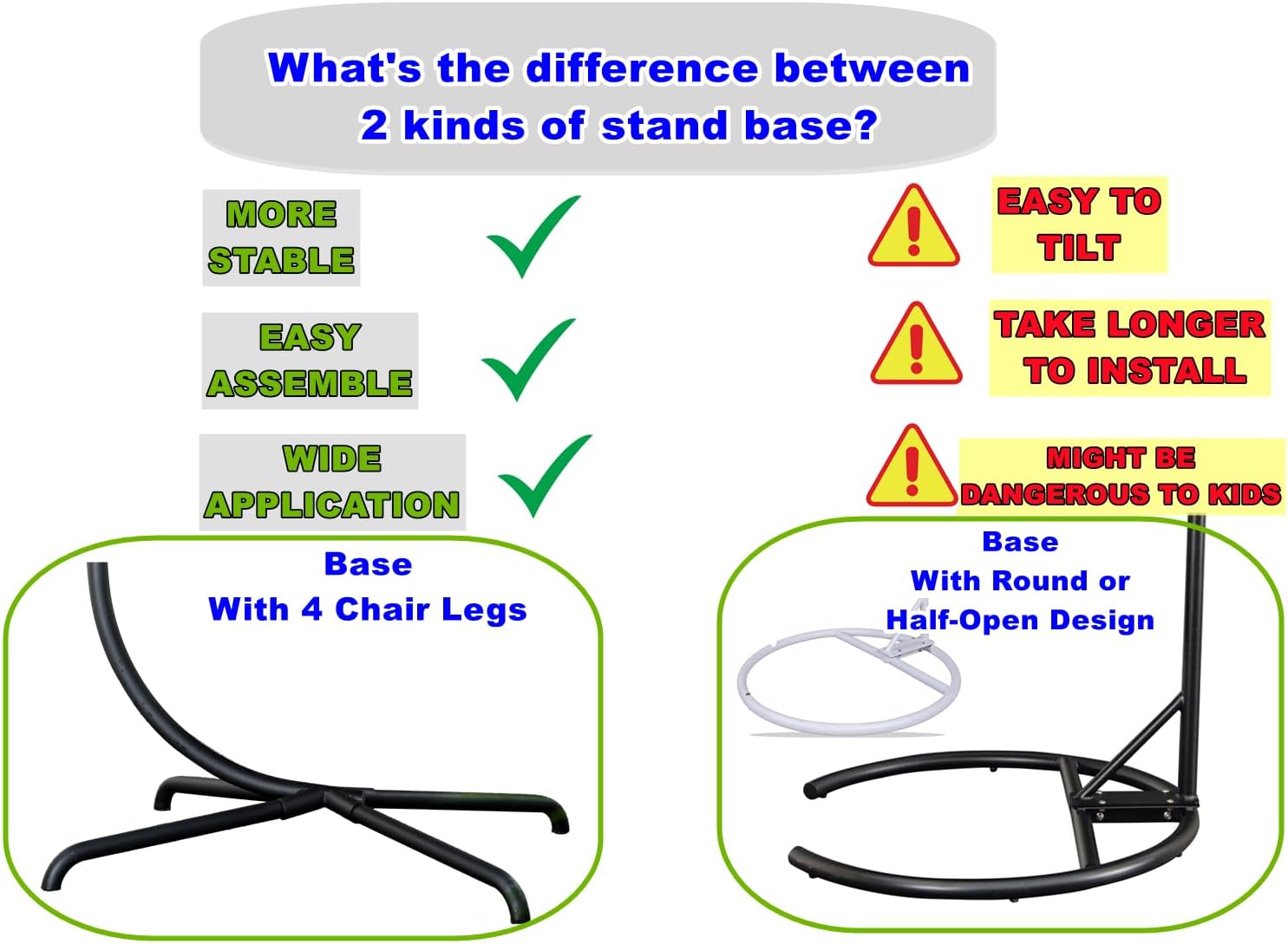 Hanging Egg Chair Stand Only, Hammock Chair C-Stand with Hanging Chain, Snap Hook, Pin Plug, Spring for Patio Macrame Hammock Swinging Chair 440lbs Capacity (Black)
