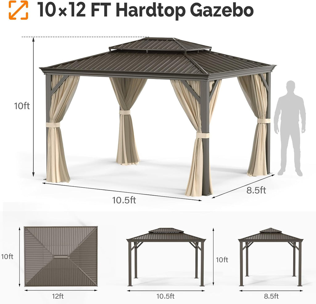 VINGLI 10' x 12' Outdoor Hardtop Gazebo Galvanized Steel Double Roof Outdoor Gazebo with Netting and Curtains Aluminum Frame for Garden,Patio,Lawn,Party