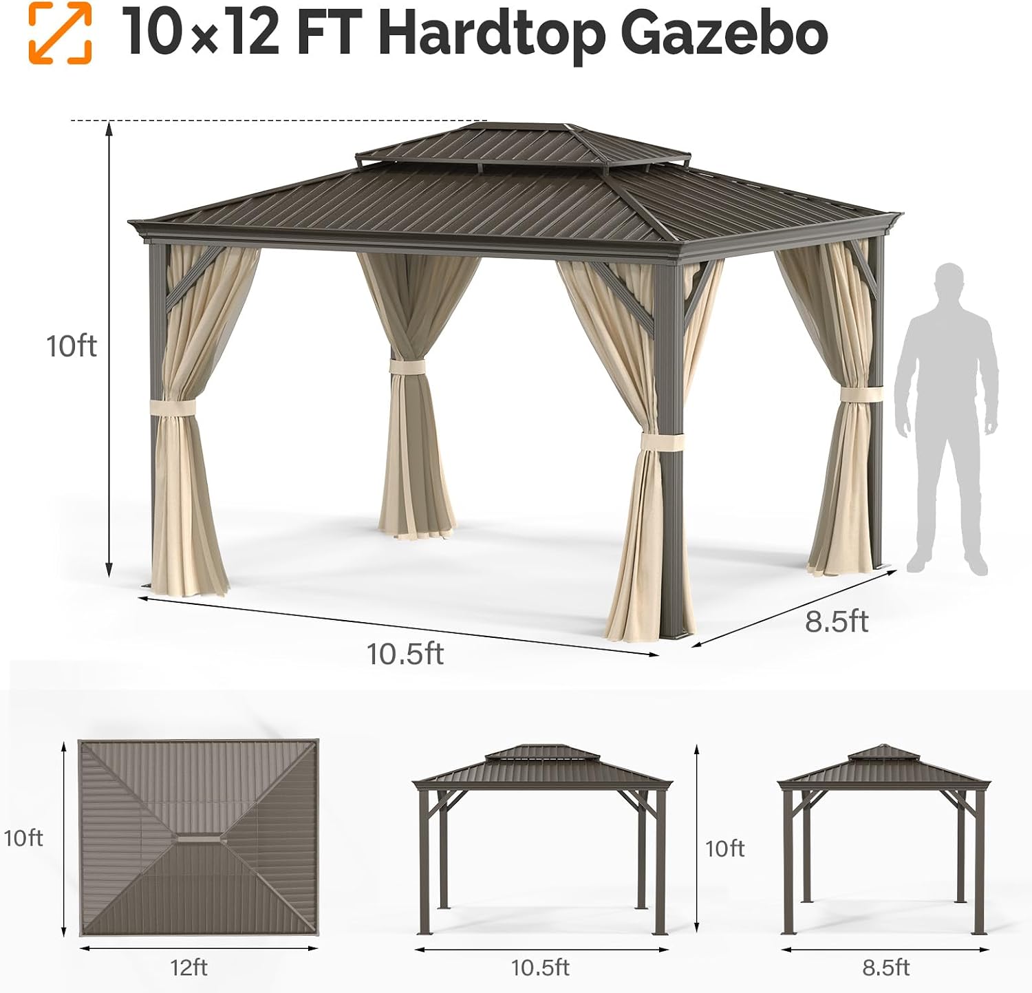 VINGLI 10' x 12' Outdoor Hardtop Gazebo Galvanized Steel Double Roof Outdoor Gazebo with Netting and Curtains Aluminum Frame for Garden,Patio,Lawn,Party