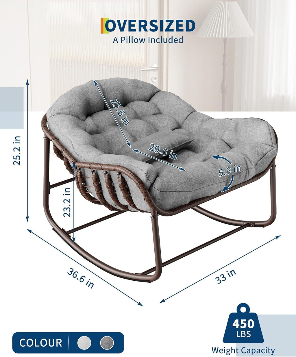 GarveeLife Outdoor Papasan Rocking Chair, Oversized Wicker Lounge Chair with Cushion and Metal Frame, Patio Rattan Egg Rocker for Balcony Backyard Porch Bedroom, Grey
