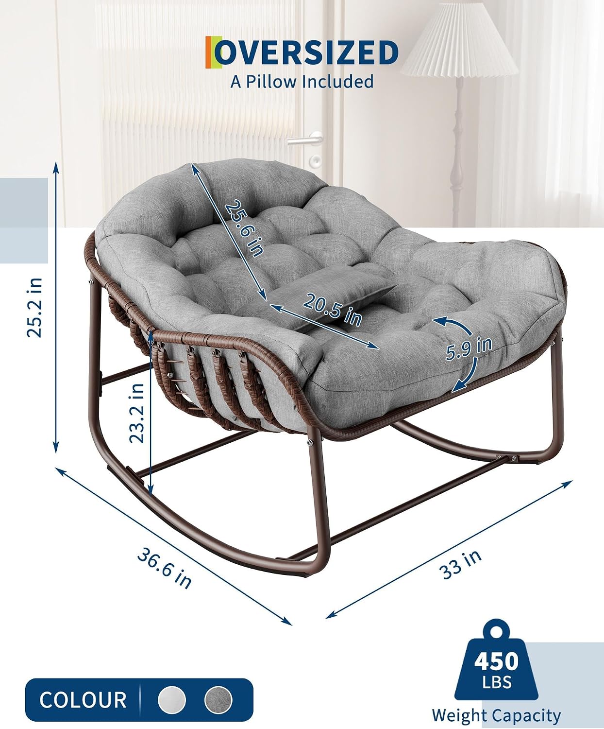 GarveeLife Outdoor Papasan Rocking Chair, Oversized Wicker Lounge Chair with Cushion and Metal Frame, Patio Rattan Egg Rocker for Balcony Backyard Porch Bedroom, Grey