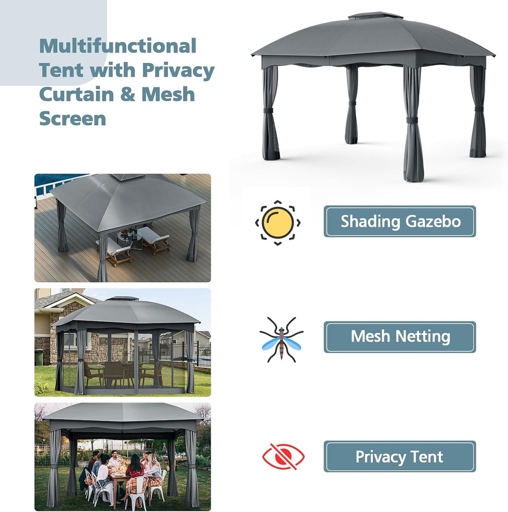 Tangkula 12x10 Ft Patio Gazebo, Double Vented Gazebo with Zippered Privacy Curtains, Mesh Screen Netting, Outdoor Steel Gazebo for Deck, Garden, Yard, Poolside (Grey)