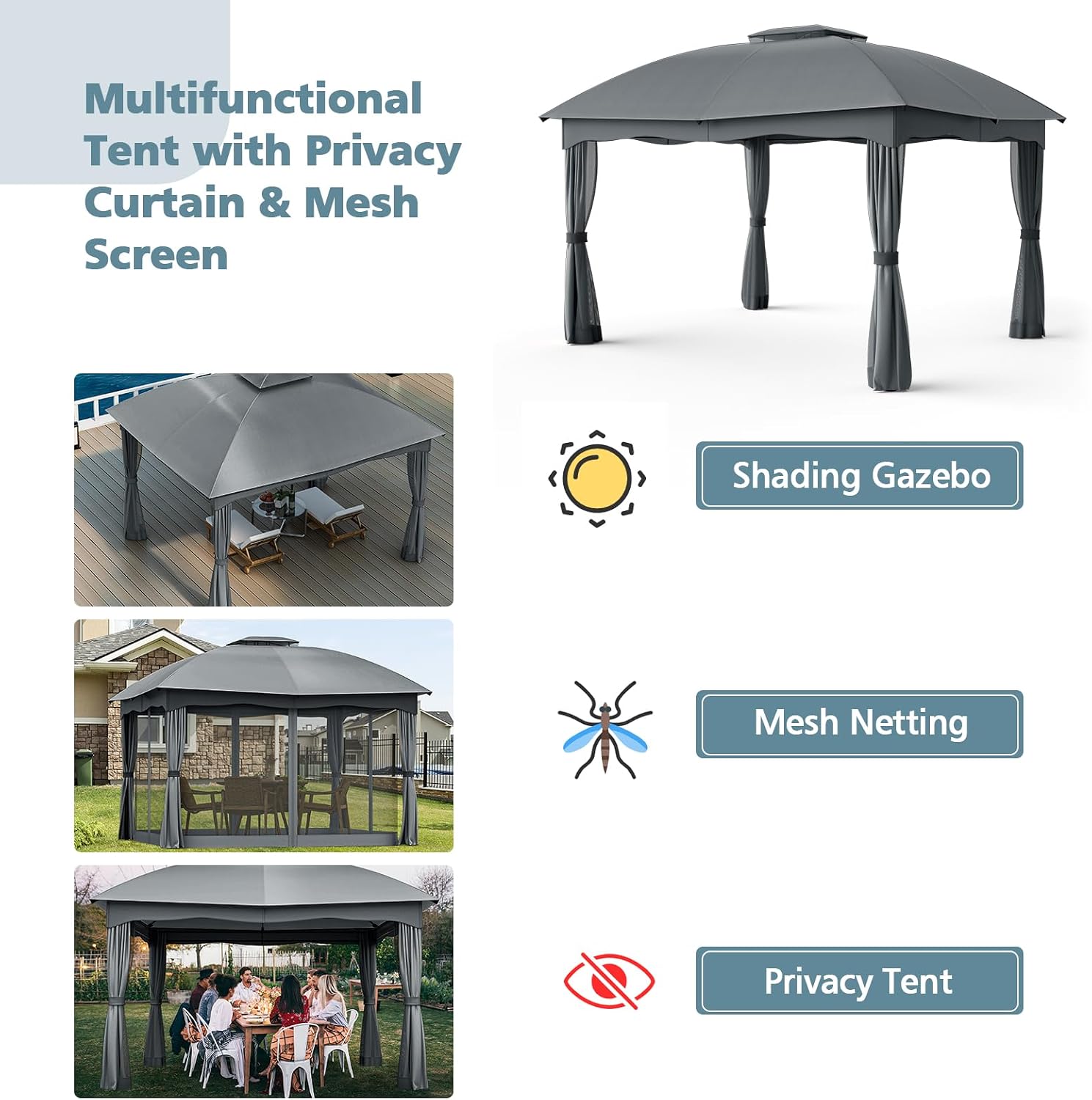 Tangkula 12x10 Ft Patio Gazebo, Double Vented Gazebo with Zippered Privacy Curtains, Mesh Screen Netting, Outdoor Steel Gazebo for Deck, Garden, Yard, Poolside (Grey)