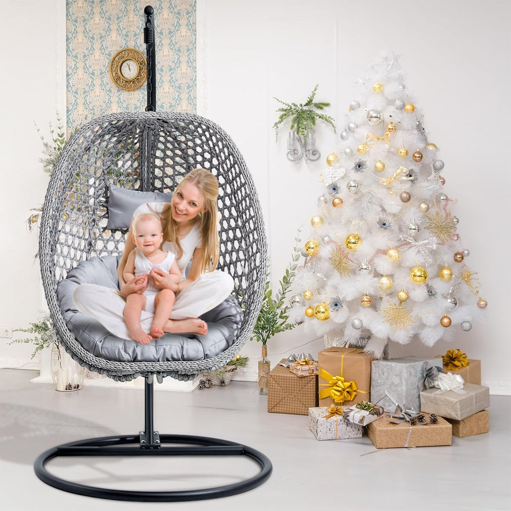 JUFU Egg Swing Chair with Stand,Hanging Egg Chair Indoor Outdoor,Hammock Hanging Basket Chair with Aluminum Steel Frame，Patio Egg Chair with Removable Cushions for Patio Balcony Backyard,Bedrooms