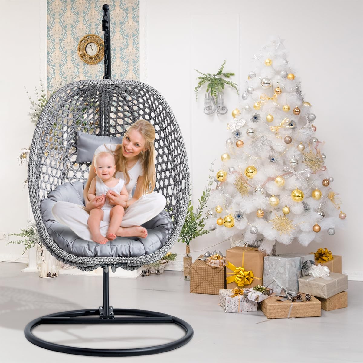 JUFU Egg Swing Chair with Stand,Hanging Egg Chair Indoor Outdoor,Hammock Hanging Basket Chair with Aluminum Steel Frame，Patio Egg Chair with Removable Cushions for Patio Balcony Backyard,Bedrooms