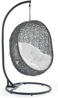 Modway Hide Wicker Rattan Outdoor Patio Porch Lounge Egg Swing Chair Set with Stand in Gray White