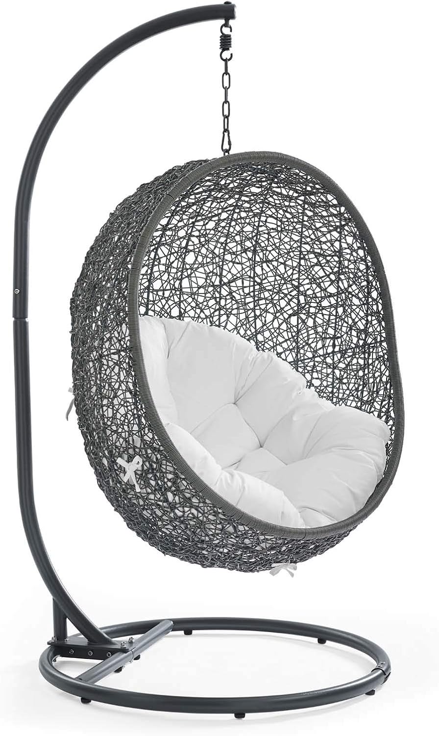 Modway Hide Wicker Rattan Outdoor Patio Porch Lounge Egg Swing Chair Set with Stand in Gray White