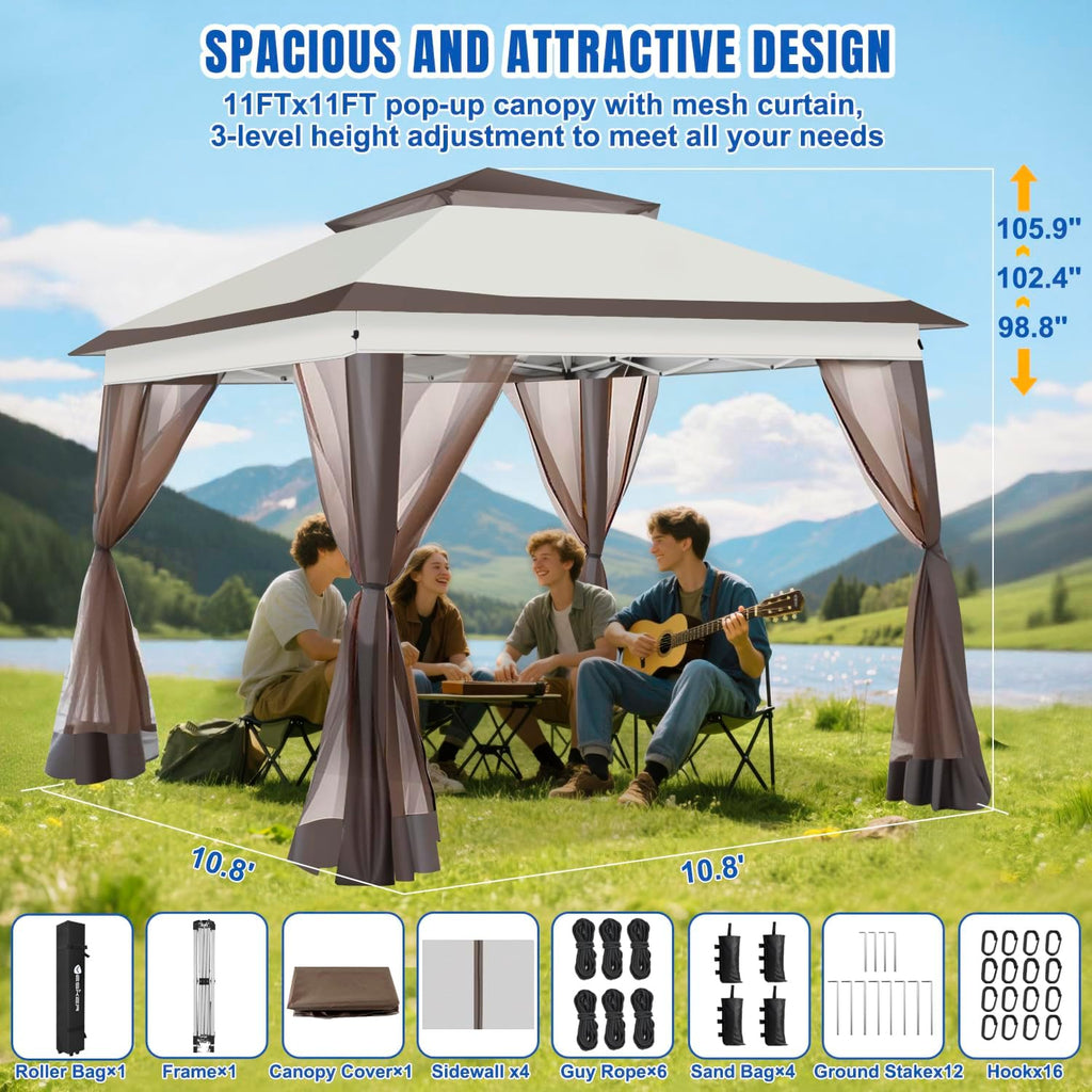 Yesker 10x10 Pop Up Canopy Tent w Mesh Netting Sidewall Vented Top - Heavy Duty Outdoor Canopy, Easy Setup Shelter Gazebo Waterproof 10x10 Popup Tnets for Patio Backyard Parties & Events, Khaki Brown