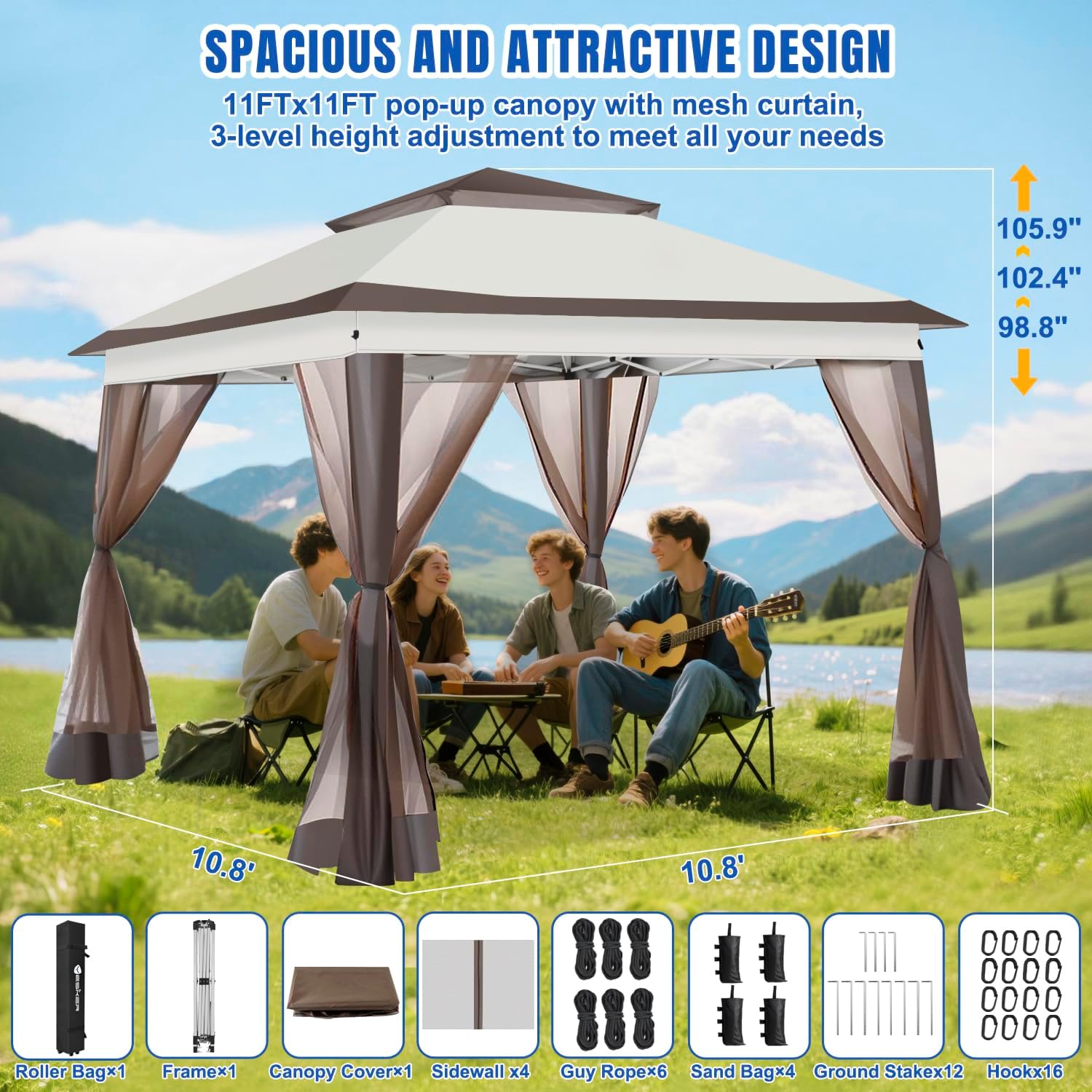 Yesker 10x10 Pop Up Canopy Tent w Mesh Netting Sidewall Vented Top - Heavy Duty Outdoor Canopy, Easy Setup Shelter Gazebo Waterproof 10x10 Popup Tnets for Patio Backyard Parties & Events, Khaki Brown