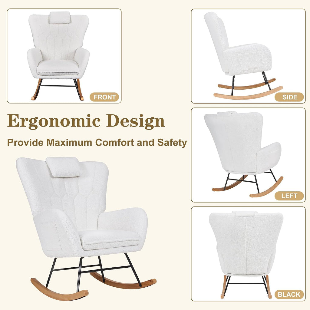 VECELO Rocking Chair Nursery with Thick Headrest, Modern Teddy Upholstered Reading Glider Rocker Accent Armchair with High Backrest, Padded Seat, Side Pocket, for LivingRoom, Bedroom, Baby Room, White