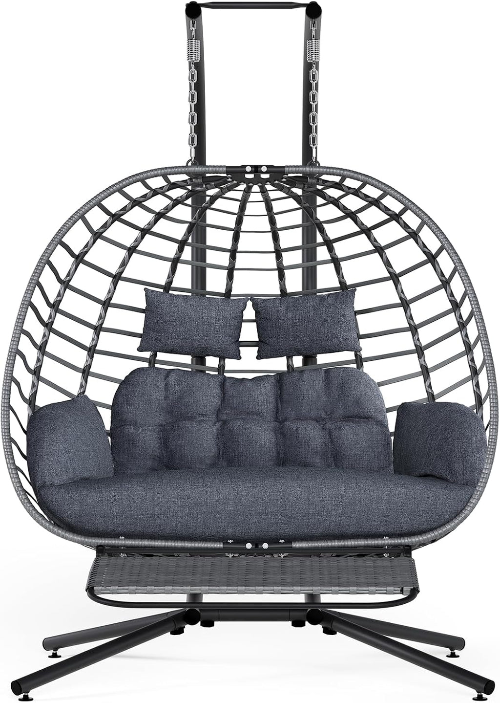 SWITTE Double Egg Swing Chair with Stand & Footrest, Outdoor Patio 2 Person Hanging Wicker Hammock Chairs with Cushion for Indoor Bedroom, Lawn, Garden-Heather Gray