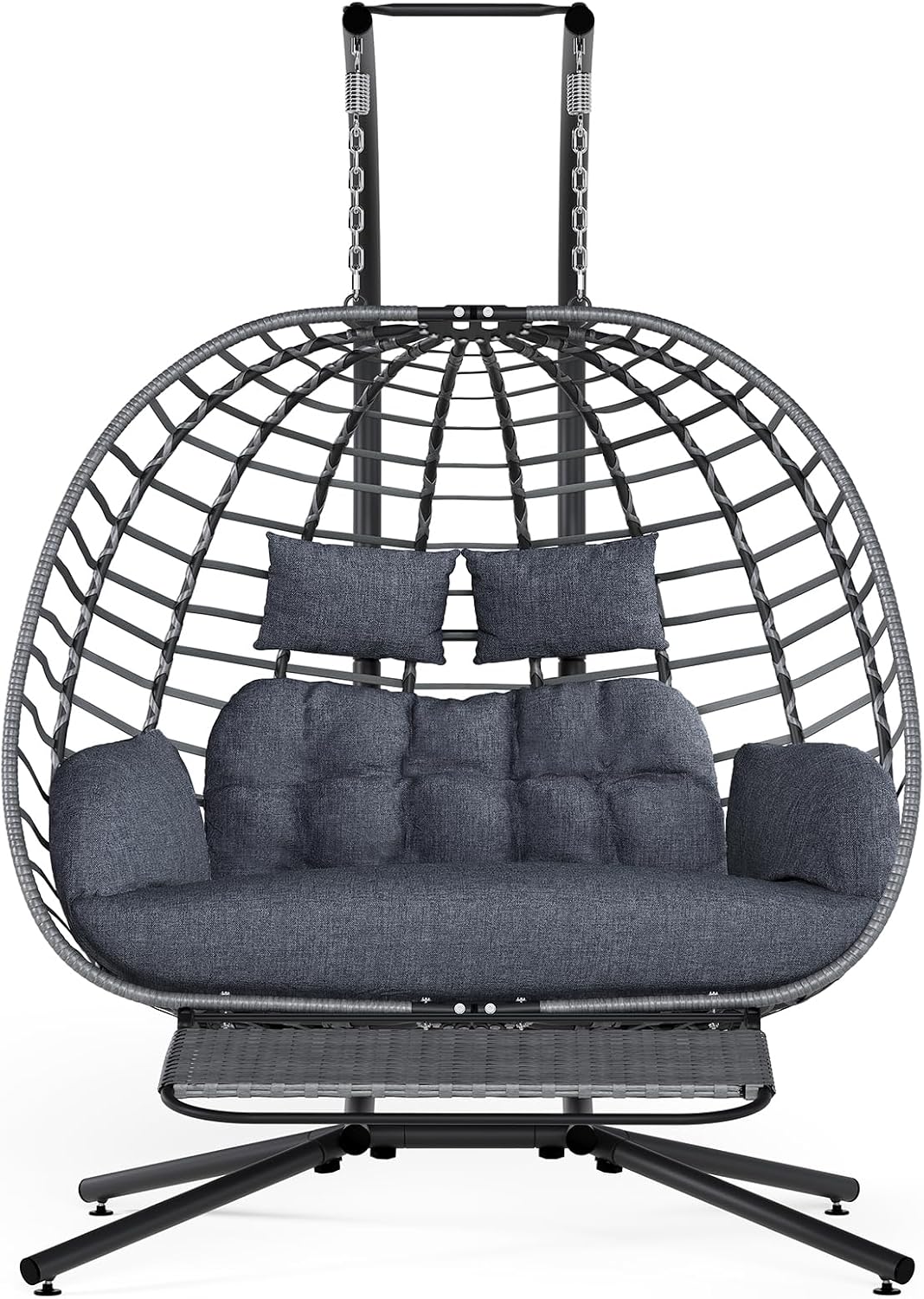 SWITTE Double Egg Swing Chair with Stand & Footrest, Outdoor Patio 2 Person Hanging Wicker Hammock Chairs with Cushion for Indoor Bedroom, Lawn, Garden-Heather Gray