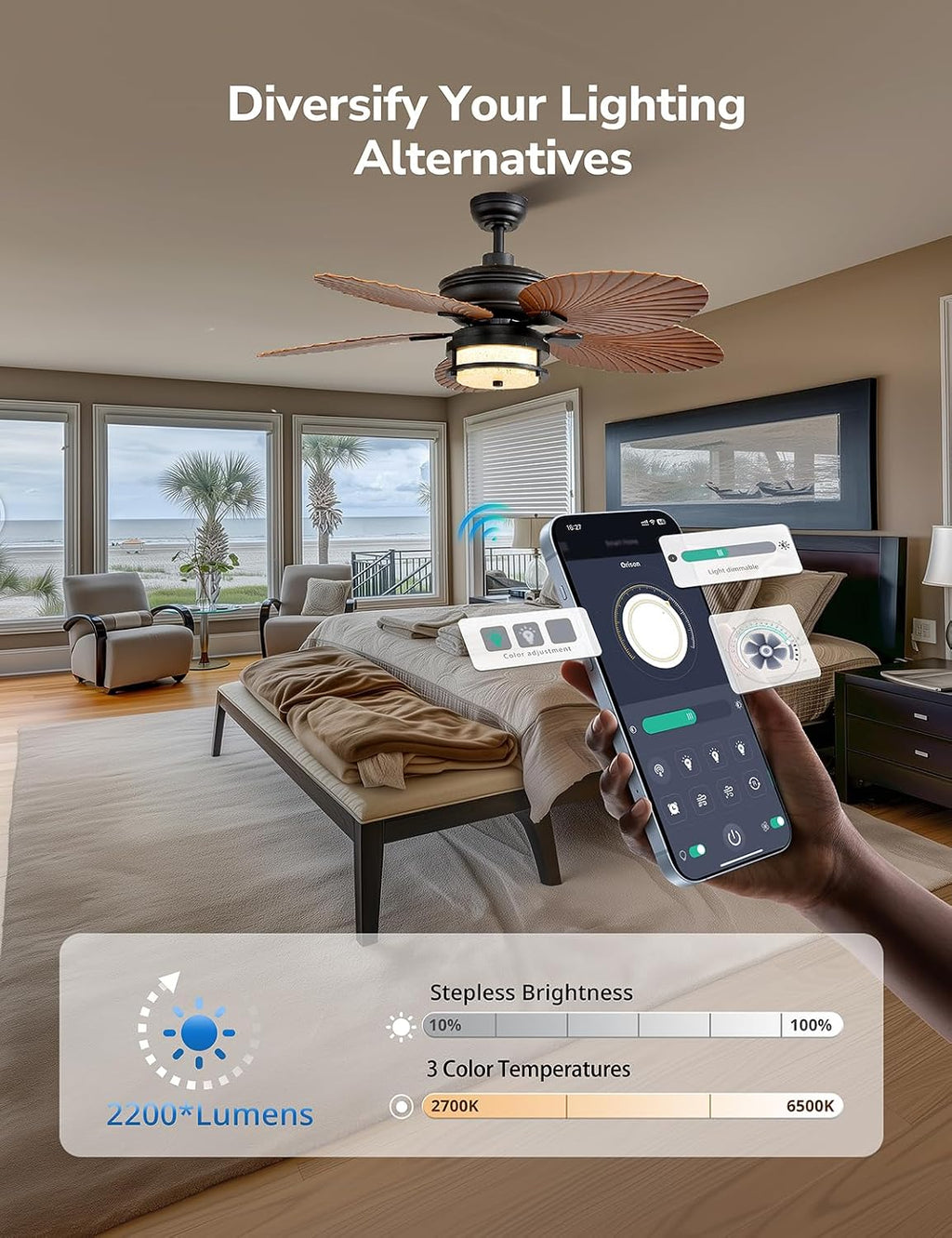 Orison 52'' Outdoor Ceiling Fan with Lights, Tropical Palm Leaf Fan, Wet Rated for Patio, Porch & Gazebo, Dimmable LED, 6-Speed, Remote & App Control, Plug-in/Flush Mount, Bronze