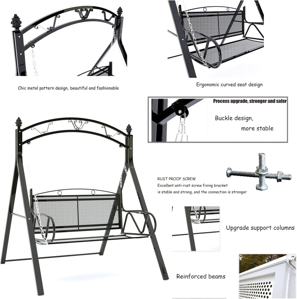 Upgraded Metal Patio Porch Swing with A-Frame Stand Heavy Duty Metal Hanging Porch Swing Chair Patio Hanging Bench Swing with Adjustable Chains for Garden, Balcony, Living Room (Black)