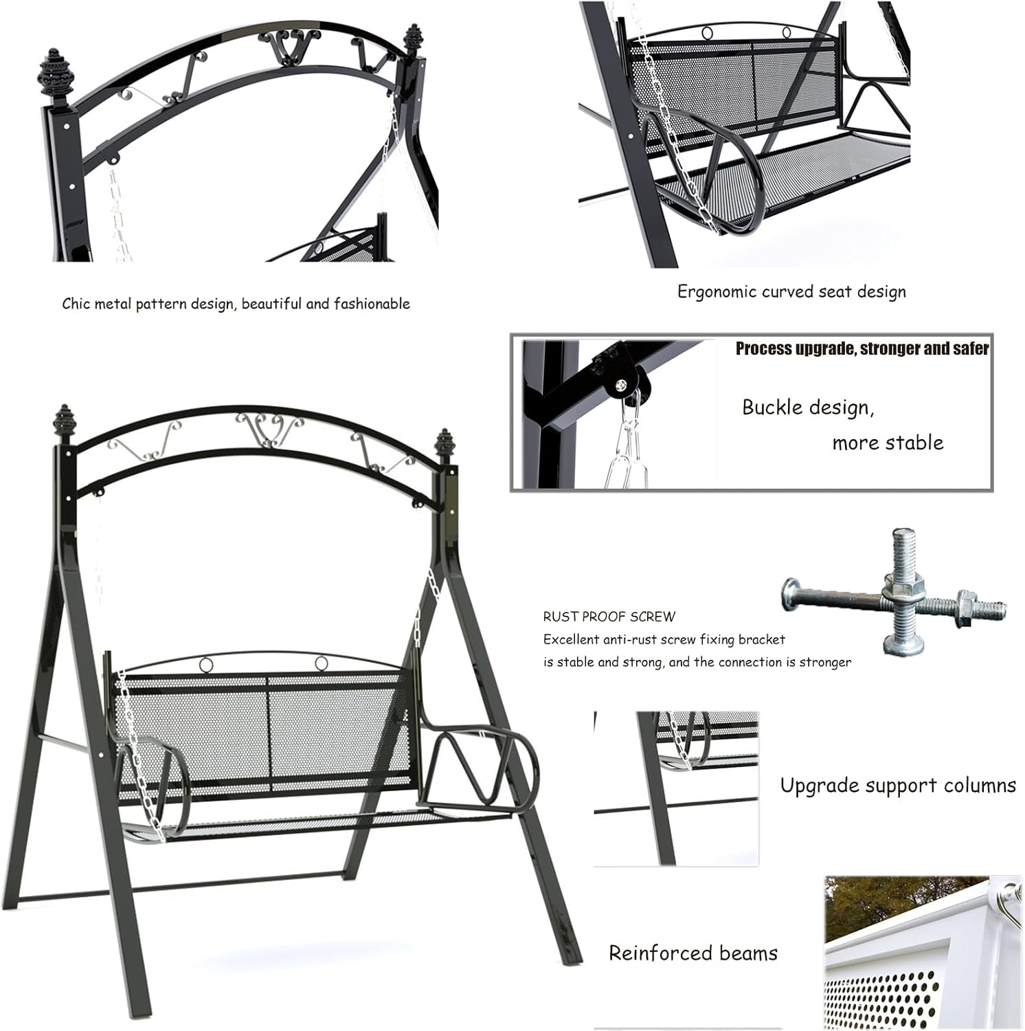 Upgraded Metal Patio Porch Swing with A-Frame Stand Heavy Duty Metal Hanging Porch Swing Chair Patio Hanging Bench Swing with Adjustable Chains for Garden, Balcony, Living Room (White)
