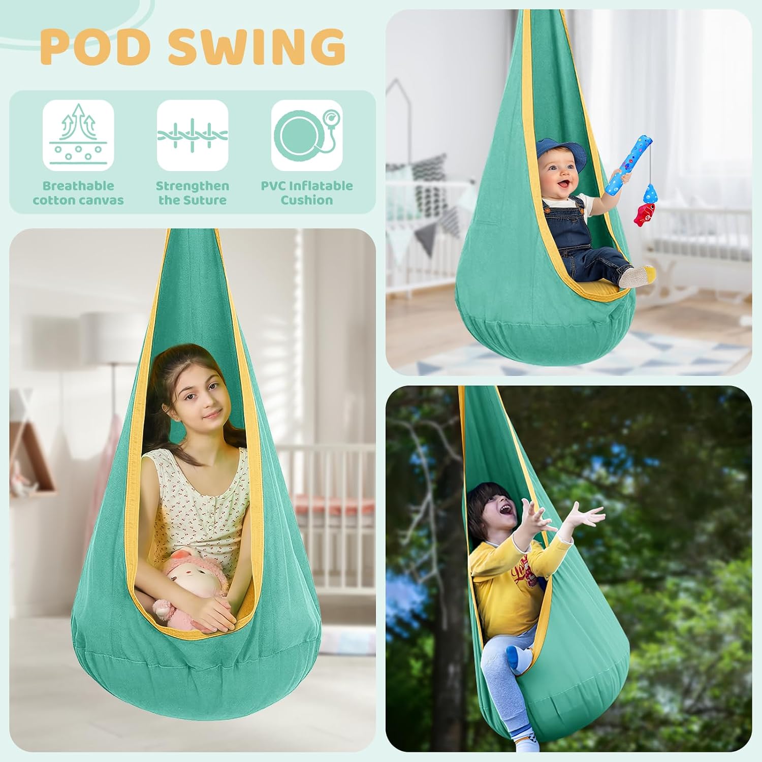 Swing Stand Frame with Sensory Pod Swings and Chair, Sensory Swing Set, X-Shaped Swing Frame, Heavy-Duty Metal Hammock Chair Stand for for Adults Indoor and Outdoor 330LBS(Mint Green)