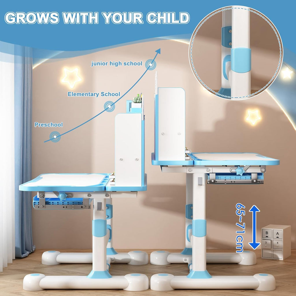 Kids Desk and Chair Set, Height Adjustable Kids Desk with Cartoon Pattern, Widened Tabletop, Tiltable Reading Stand, Back Support & Spine Protect, Prevent Myopia, for Boys & Girls 3+ (Blue1)
