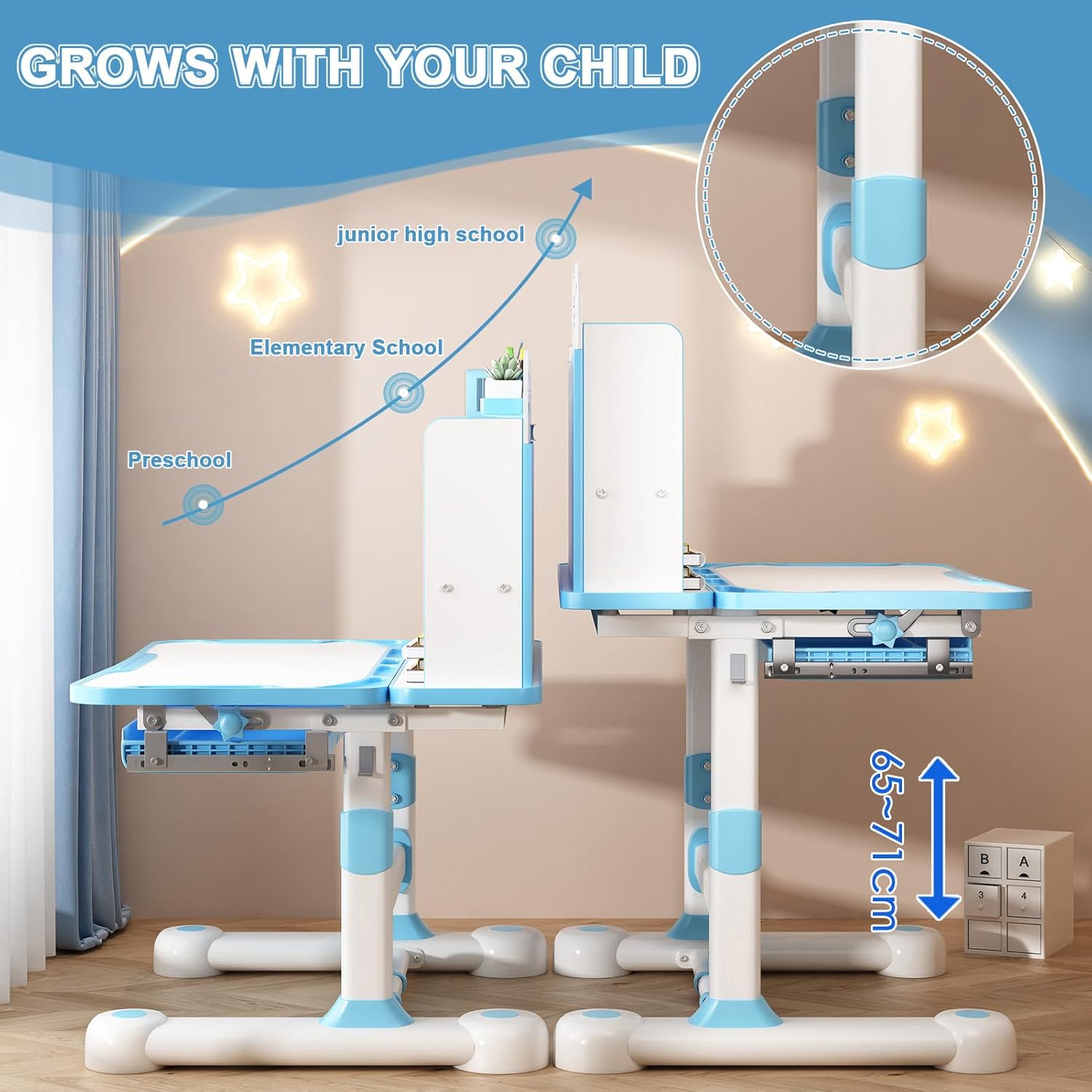 Kids Desk and Chair Set, Height Adjustable Kids Desk with Cartoon Pattern, Widened Tabletop, Tiltable Reading Stand, Back Support & Spine Protect, Prevent Myopia, for Boys & Girls 3+ (Blue1)