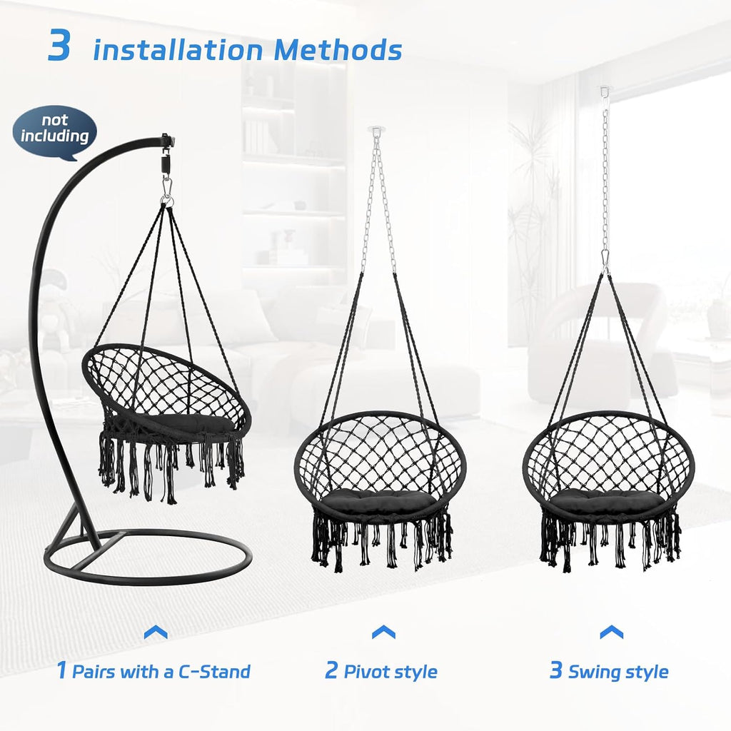 Hanging Swinging Chair, Macrame Hammock Hanging Swinging Chairs with Soft Cushions and Hardware Accessories, Hanging Chair for Indoor and Outdoor Use, 3 Installation Methods, Beige (3, Black)