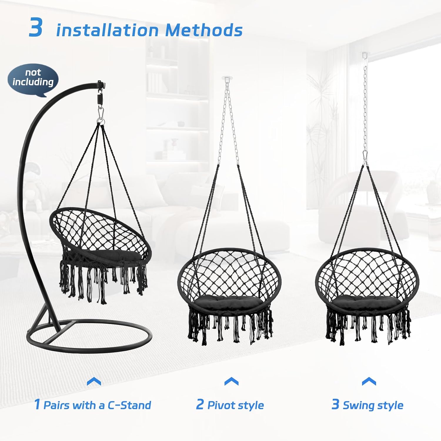 Hanging Swinging Chair, Macrame Hammock Hanging Swinging Chairs with Soft Cushions and Hardware Accessories, Hanging Chair for Indoor and Outdoor Use, 3 Installation Methods, Beige (3, Black)
