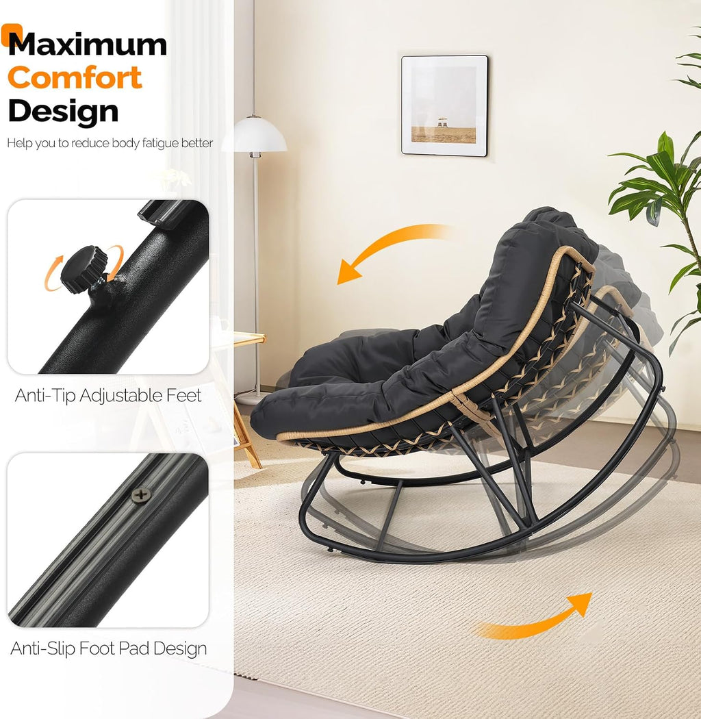 VINGLI Papasan Rocking Chair Outdoor, Patio Rocking Chair with Cushion, Comfortable Lounge Chair Weatherproof for Garden, Yard, Outdoor/Indoor, Grey