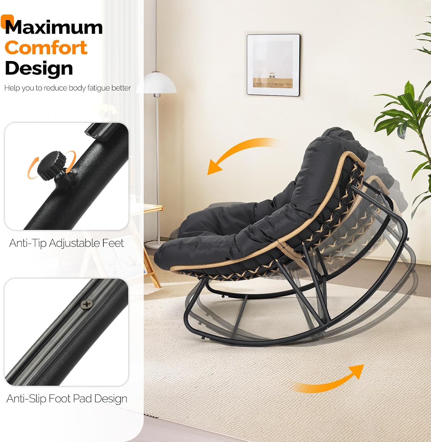 VINGLI Papasan Rocking Chair Outdoor, Patio Rocking Chair with Cushion, Comfortable Lounge Chair Weatherproof for Garden, Yard, Outdoor/Indoor, Grey