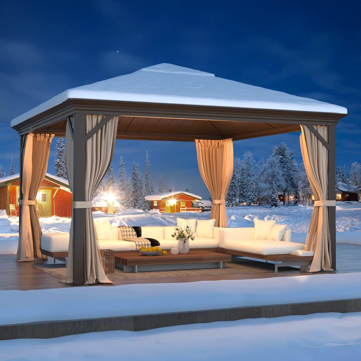 EROMMY 12' x 12' Gazebo Hardtop Double Roof Galvanized Steel Gazebos with Netting and Curtains Outdoor Aluminum Frame Permanent Metal Pavilion for Patio Backyard Deck and Lawns