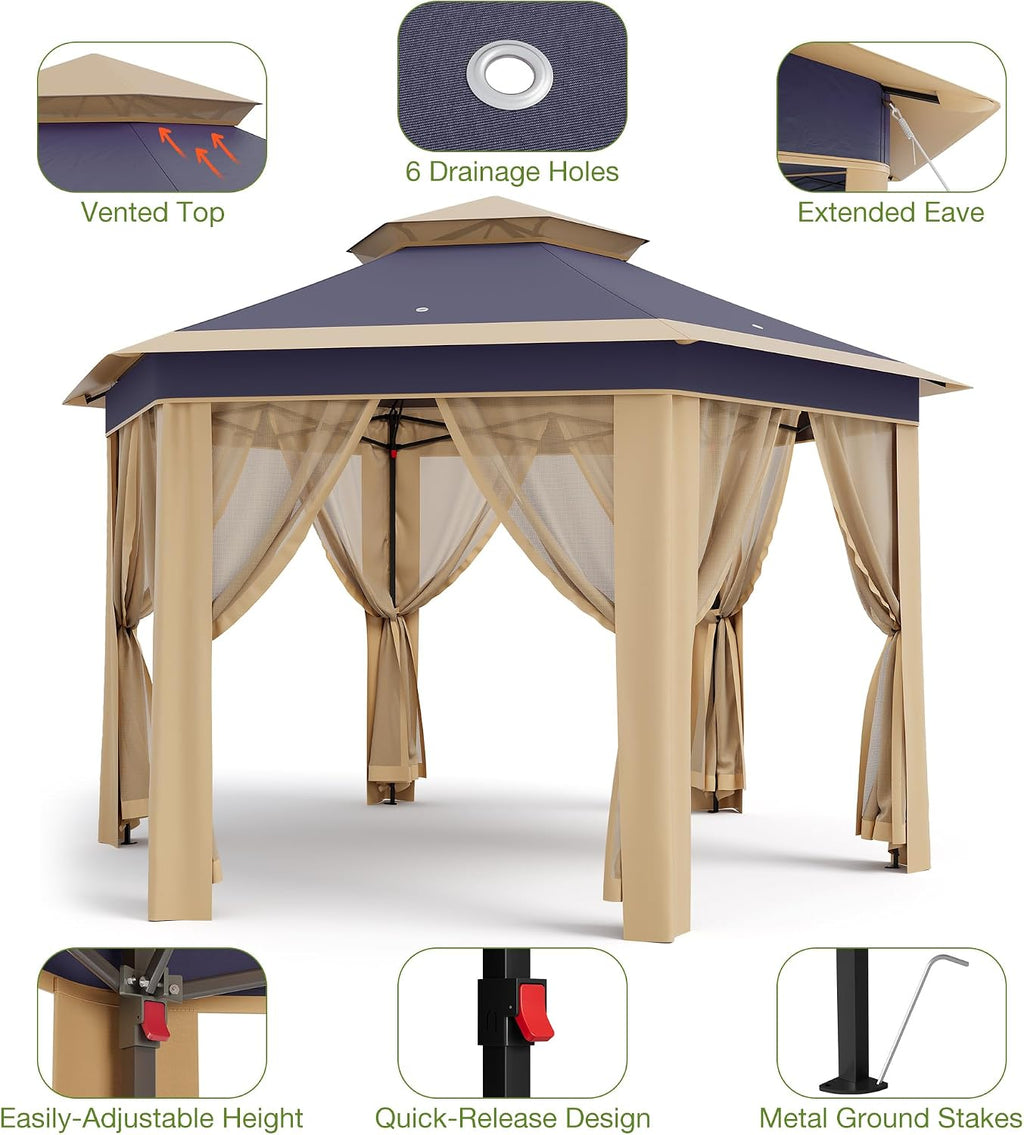 13x13 Pop Up Gazebo Outdoor Hexagonal Canopy Tent with Mosquito Netting Sides Instant Patio Canopy Shelter, Rain & UV Resistant PA Coated Fabric, for Patios, Garden, Parties, Lawns Backya