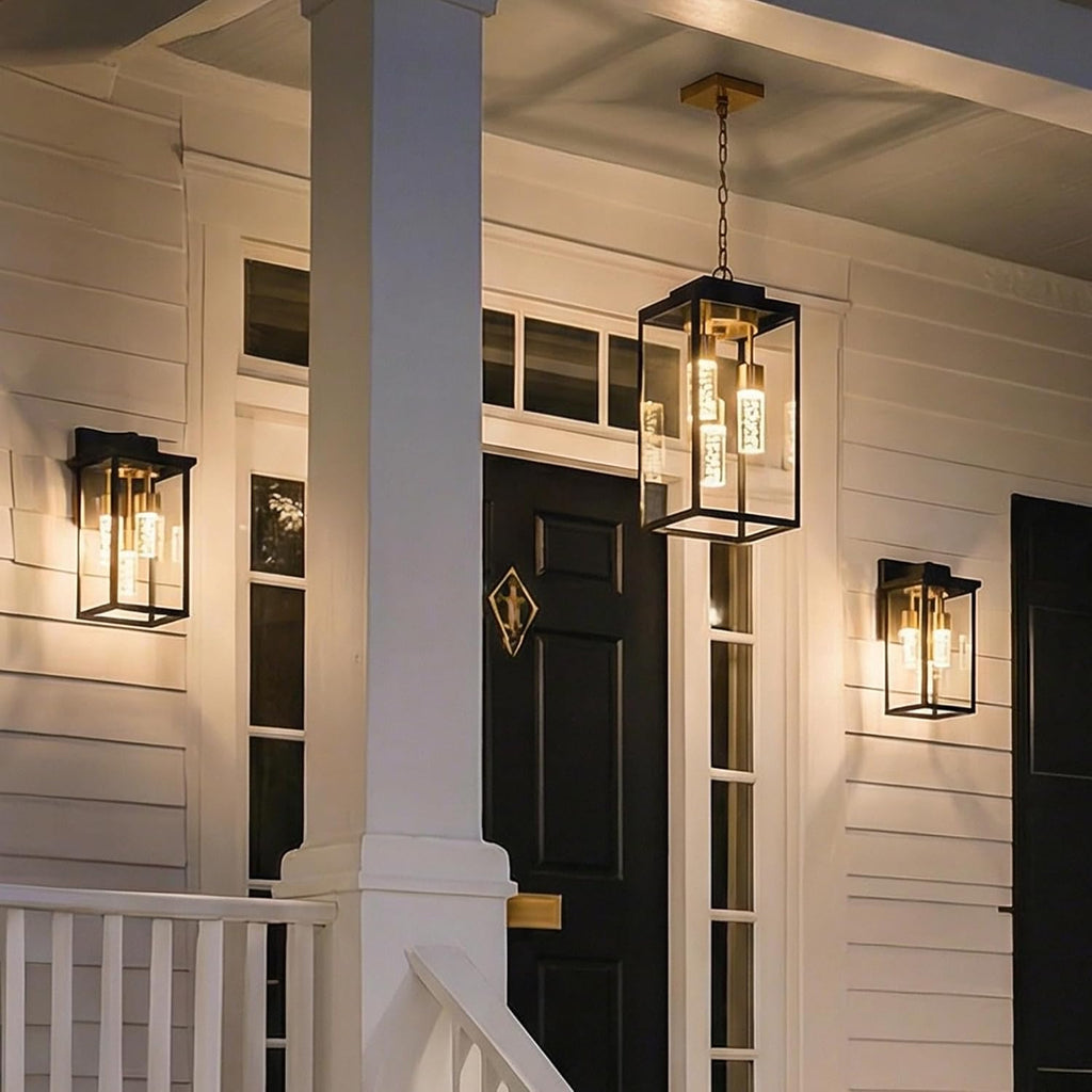 MELUCEE 5 Color Dimmable LED Exterior Lantern Hanging Light Ceiling Mount with Clear Glass, Black 16 Inch Outdoor Pendant Light Outside Chandelier for Porch Garage Gazebo Patio, Built-in LED Chips