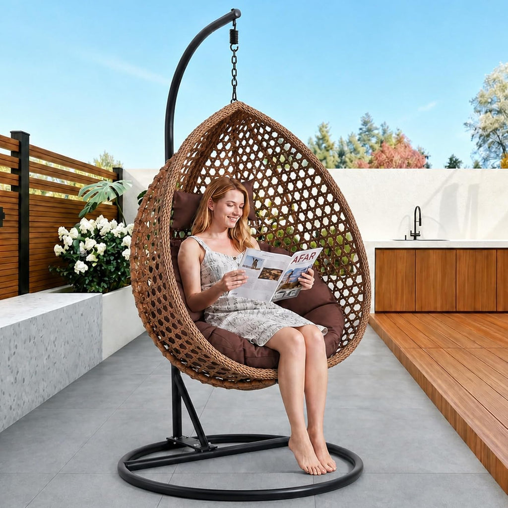 Brown Egg Swing Chair with Stand,Hanging Egg Chair Indoor Outdoor with Cushion and Pillow,Modern Wicker Swing Chair,300lbs Capacity for Porch,Patio,Garden, Bedroom, Balcony,Yard