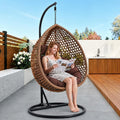 Brown Egg Swing Chair with Stand,Hanging Egg Chair Indoor Outdoor with Cushion and Pillow,Modern Wicker Swing Chair,300lbs Capacity for Porch,Patio,Garden, Bedroom, Balcony,Yard