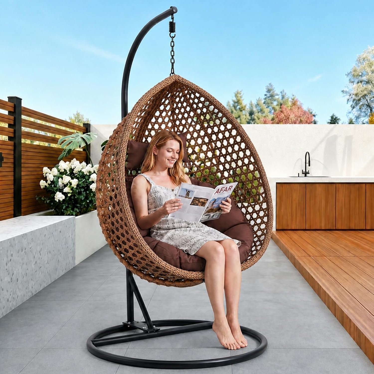 Brown Egg Swing Chair with Stand,Hanging Egg Chair Indoor Outdoor with Cushion and Pillow,Modern Wicker Swing Chair,300lbs Capacity for Porch,Patio,Garden, Bedroom, Balcony,Yard