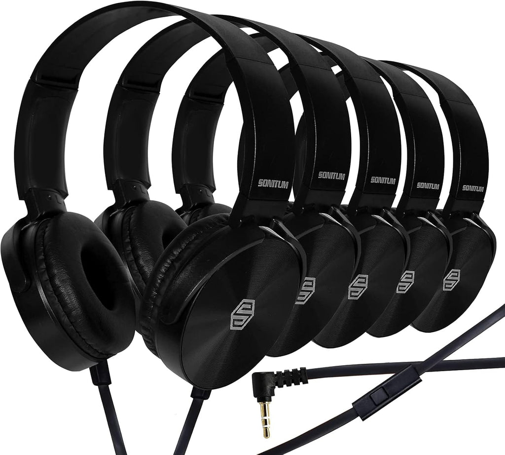 Classroom Headphones-Bulk 25-Pack, with Microphone Student On Ear Comfy Swivel Earphones for Library, School, Airplane, Kids-for Online Learning and Travel, HQ Stereo Sound 3.5mm Jack (Black Set)