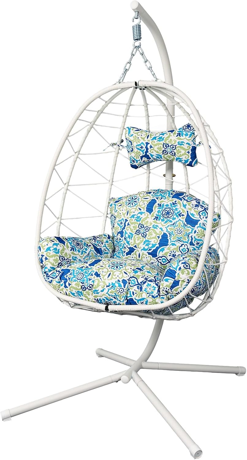 Egg Chair with Stand, Wicker Hanging Chair for Outdoor Patio, Cushioned Hammock Swing for Bedroom Garden Indoor/Outdoor, Double-Zipper Structure Hanging Egg Chair (White and Moroccan)