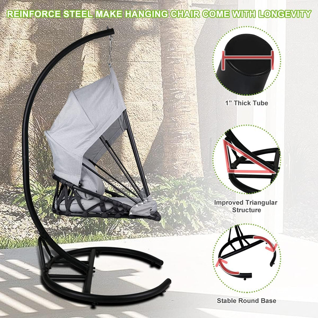 Foldable Hanging Chair Swing Hammock Egg Chair PE Rattan Wicker Seat w/Padded Cushion Headrest Pillow Canopy for Outdoor, Indoor, Blue