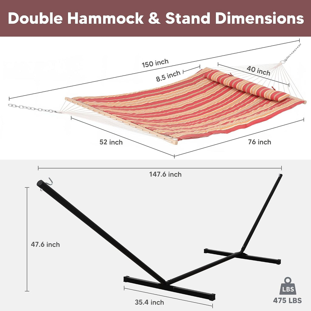 SUNCREAT Hammocks Portable Hammock with Stand, Carrying Bag, Hammock with Stand 2 Person Heavy Duty for Bedroom, Backyard, Patio, Balcony, Red Stripe