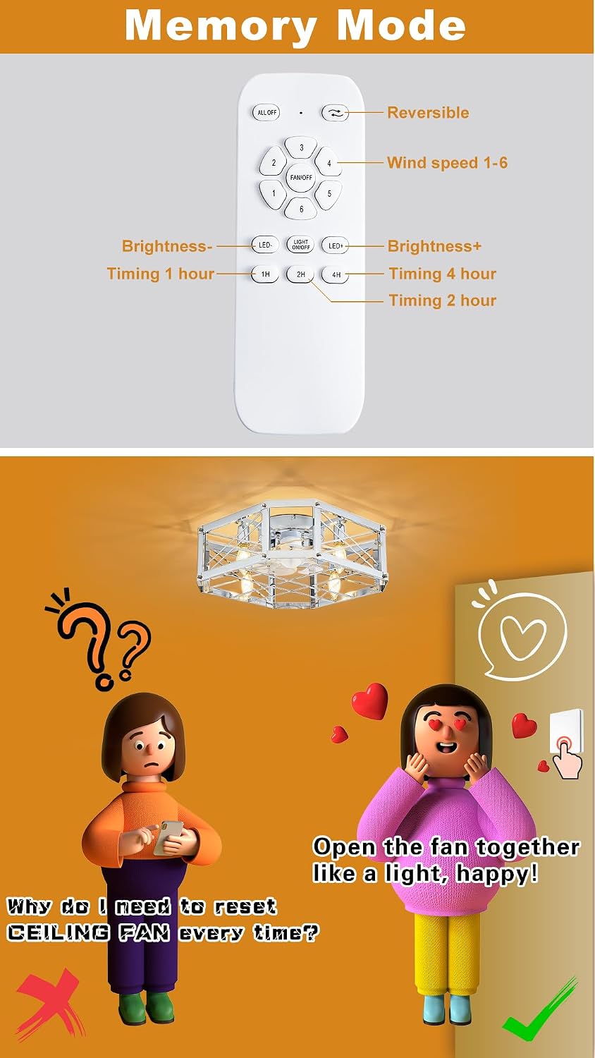21'' Flush-Mount Ceiling Fan with Dimmable-Light and Memory Remote, Reversible-Motor, Perfect for Bedroom, Living room, Kitchen, Outdoor Gazebo, Patio, Low-Profile Design Sliver Cage