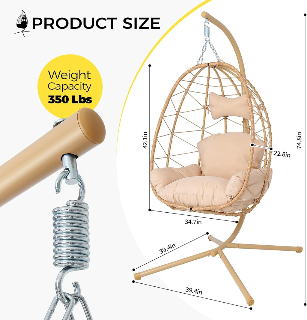 Egg Chair with Stand, Wicker Hanging Chair for Outdoor Patio, Cushioned Hammock Swing for Bedroom Garden Indoor/Outdoor, Double-Zipper Structure Hanging Egg Chair (Yellow and Beige)