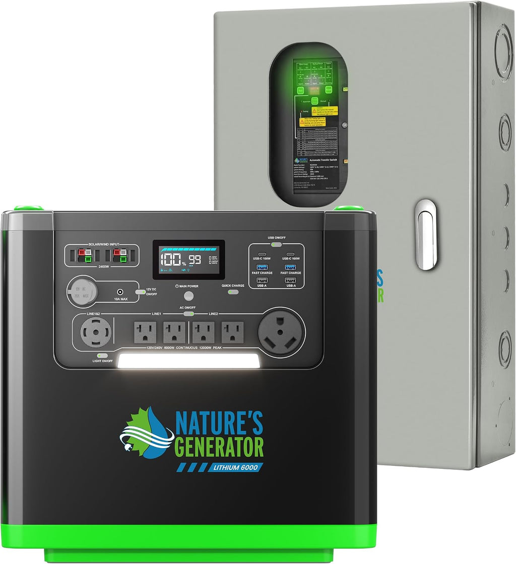 Natures Generator 3840Wh Solar Generator+ 30A Automatic Transfer Switch, Lithium Batteries, 6000W Power Station for Home Backup, RVs, Emergencies, Power Outages, and Outdoor Camping