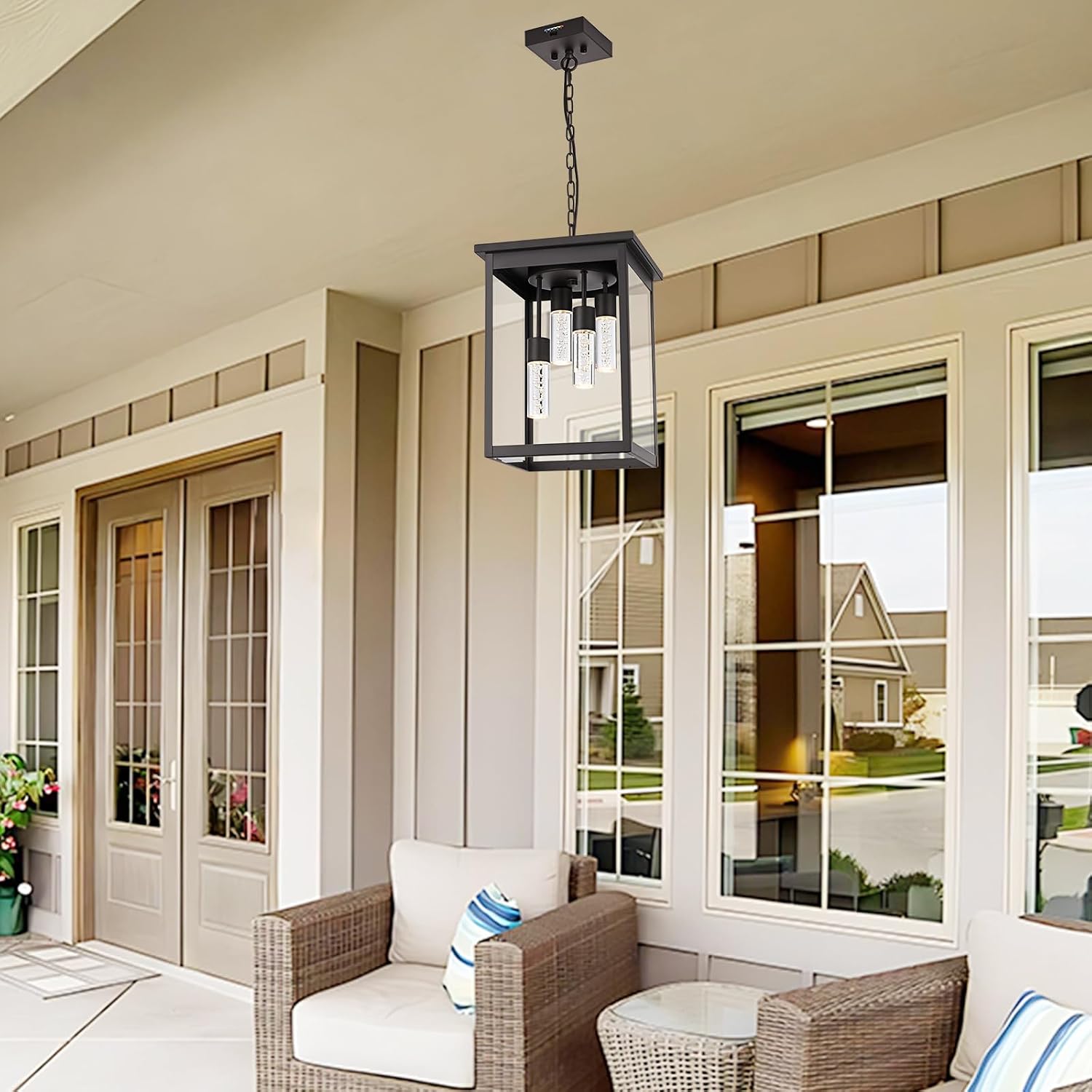 Yaohong 16.7' Large 5CCT LED Outdoor Pendant Light, 4-Lights Modern Oil Rubbed Bronze Hanging Ceiling Fixture with Acrylic Column & Clear Glass, Weatherproof Chandelier for Porch Gazebo Patio Entryway